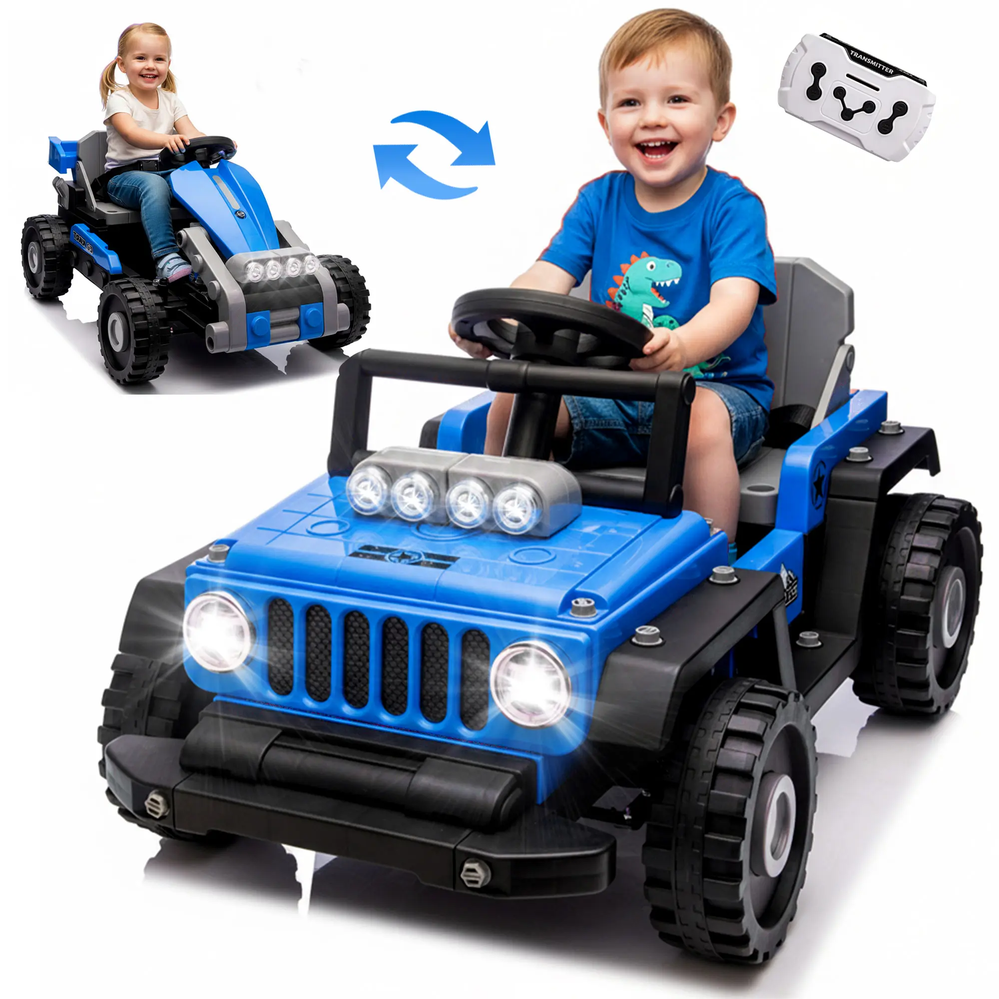 12V Kids Ride-On Truck-Go Kart, 2-in-1 Freely Switchable Kids Outdoor Equipment, Remote Control, Building Block Assembly, 4-Wheel Suspension, LED Lights, Boy Girl Gift (Black) summerwins,