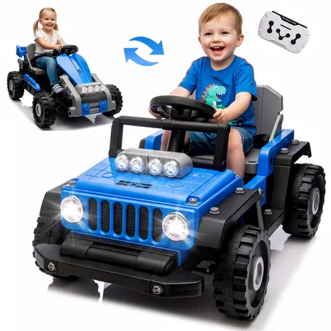12V Battery-Powered 2-in-1 Kids Ride-On Truck-Go Kart, BPA Free High-Strength Material, 2.4G Controller, 4-Wheel Suspension, LED Lights, 2.5 mph Safe Speed, Bluetooth, Built-In Music, Building Block Assembly, Cool Gifts for Kids (3-4 Years, Black)