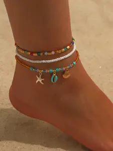 Boho Ocean Charm Anklet Set for Women, 3Pcs Layered Beaded Ankle Bracelets with Starfish, Shell & Turquoise Pendants, Multi-Color Beaded Stackable Foot Jewelry for Summer Beach, Vacation, Festival, Perfect Gift for Her