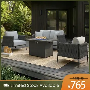 【3 Packages Shipping】LayinSun 4 Piece Outdoor Furniture Set with Fire Pit Table, Modern Rope Woven Patio Conversation Sofa Set with Olefin Braid and Deep Seating