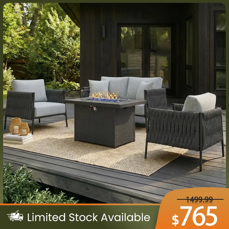 【3 Packages Shipping】LayinSun 4 Piece Outdoor Furniture Set with Fire Pit Table, Modern Rope Woven Patio Conversation Sofa Set with Olefin Braid and Deep Seating