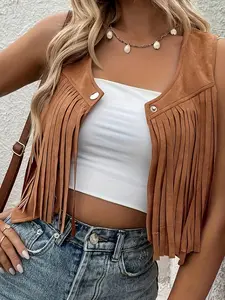 Women's Fringe Detail Denim Vest, Faux Suede Material, Button Front V Neck Sleeveless Top, Casual Spring & Fall Fashion, Casual Sleeveless Outerwear