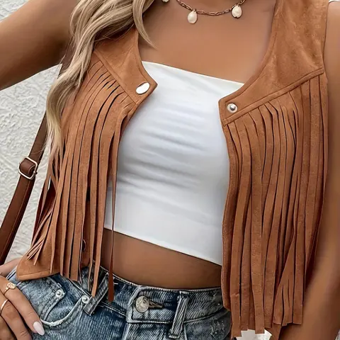 Women's Fringe Detail Vest, Faux Suede Material, Button Front V Neck Sleeveless Top, Casual Spring & Fall Fashion, Short