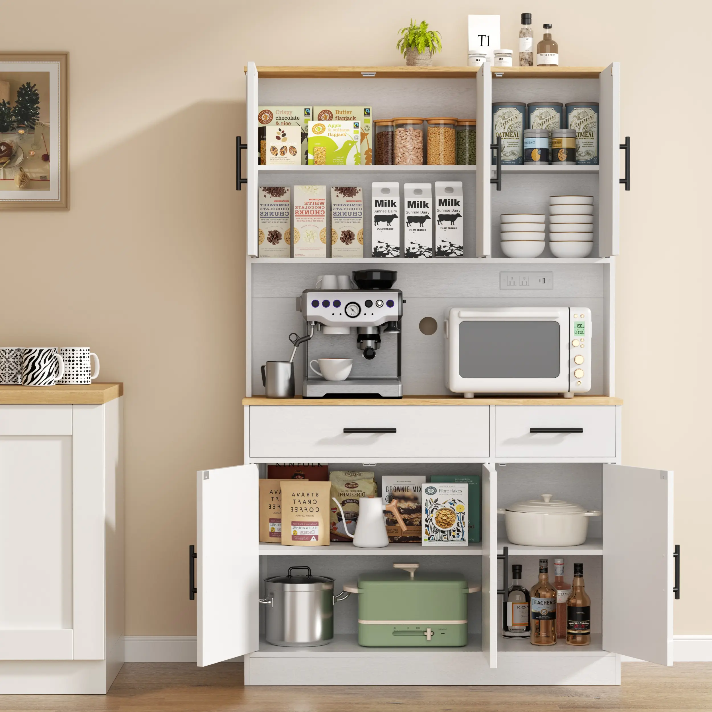 [2-package shipping] Walsunny Tall Pantry Cabinet with Charging Station, 6 Cabinets and 2 Drawers Kitchen Buffet Sideboard Cabinet Entryway Coffee Bar Cabinet with Microwave Stand, Farmhouse Kitchen Hutch with Storage Drawers for Dining Room, White