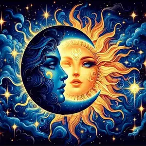 Sun and Moon Celestial Union 5D Full Drill Diamond Painting Kit Mystic Design with Shimmering Star Accents and Swirling Clouds Cosmic Myth Art Style DIY Art For Home Wall Decor Ideal Gift For Astrology & Craft Enthusiasts