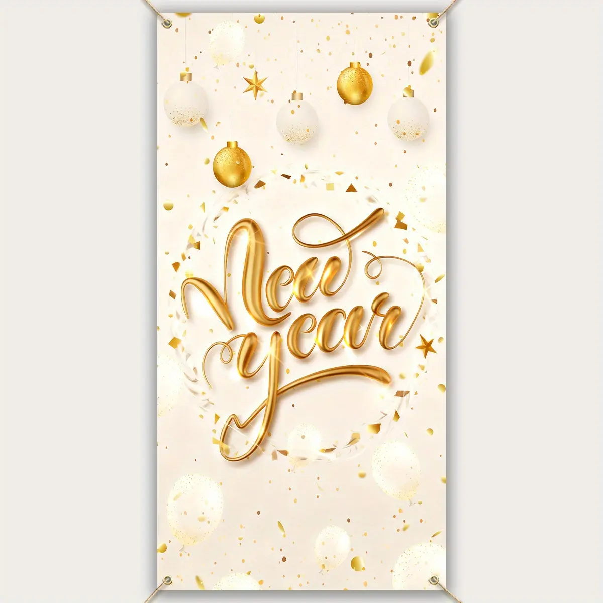 2d Flat 1pc New Year Door Banner with Gold Ornaments and Stars, Durable Materials, 70.8x35.4 Inches, Easy Install & Clean, Ideal for Home Entrance & Outdoor New Year Decor