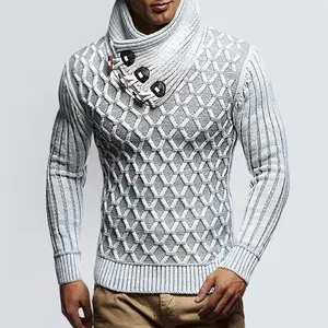 Men's High Neck Thermal Knit Pullover Sweater with Vintage Leather Buttons Oversized Casual Plus Size Black Long Sleeve for Multi-Occasions Slim Fit Turtleneck Sweater Version Ribbed Hemline Youth Winter Leisure Tops