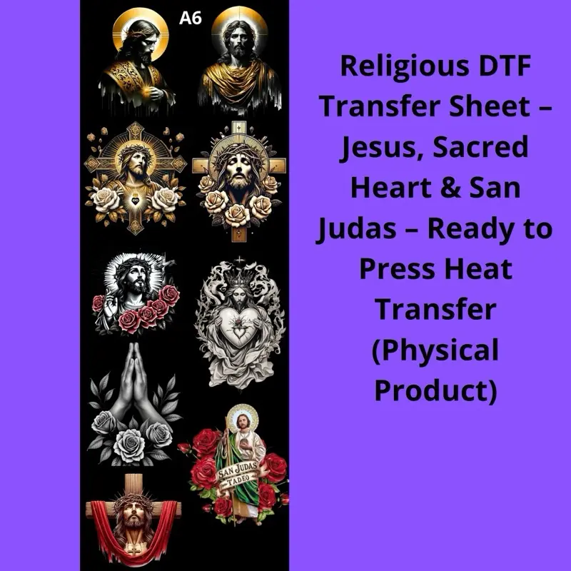 Religious DTF Transfer Sheet – Jesus, Sacred Heart & San Judas – Ready to Press Heat Transfer (Physical Product)