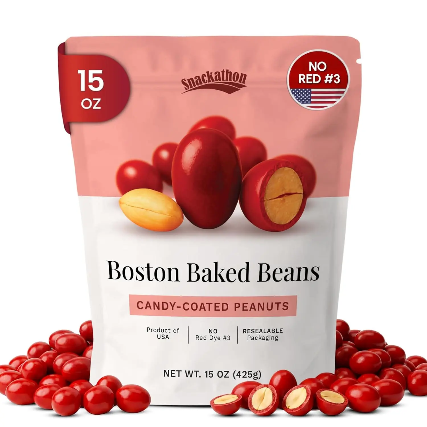 Snackathon Boston Baked Beans Candy, 15 oz – Classic Sweet & Crunchy Red Candy Coated Peanuts in Resealable Bag, Nostalgic Retro Movie Theater Snack, Made in USA