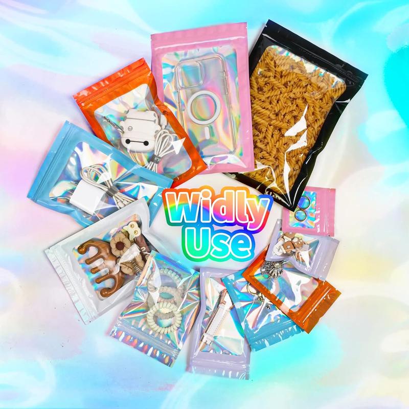 Mylar Holographic Bags 300 Pack with Clear Window Resealable Smell Proof Organiser Bags Zipper Foil Pouch for Samples Small Business Black 4x6 Inches - Aluminium