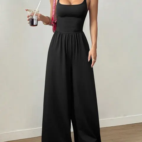 Three Colors Wine Backless Cross Strap Wide Leg Jumpsuit, Casual Palazzo Jumpsuits, Casual Slimming Long Pants for All Seasons