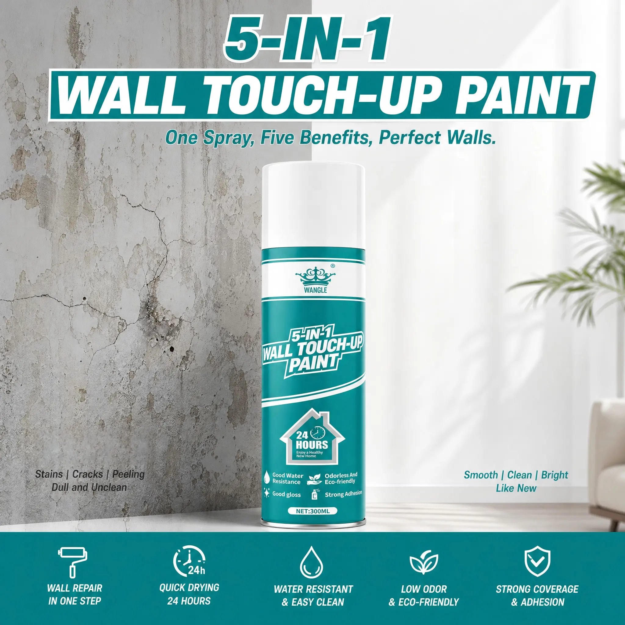 5-in-1 Wall Repair Spray, 300ml, OdorlessandEnvironmentally Friendly Wall Repair, Suitable forcoveringstains and scratches on household walls, withstrongadhesion.