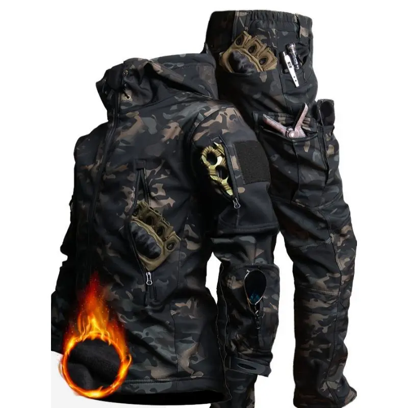 Men's 2-Piece Sportswear Set, Regular Fit Camo Print Hooded Jacket with Fuzzy Lining and Matching Track Pants with Pockets, Lash Sets, Camouflage