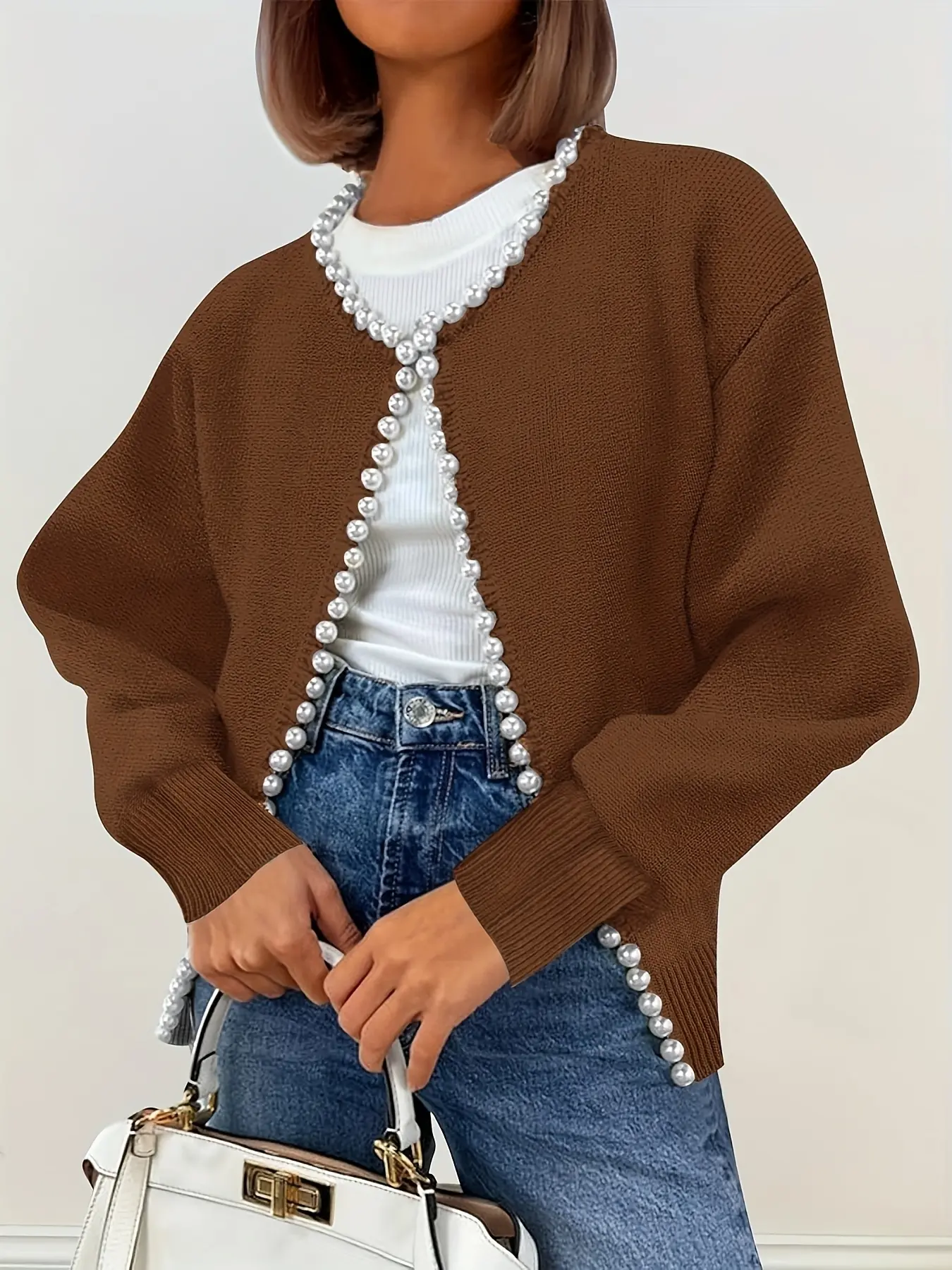 Women's Pearl Trimmed Knit Cardigan Sweater, Elegant Fall Winter Fashion, Trendy Long Sleeve Pullover Top for Ladies Knitwear