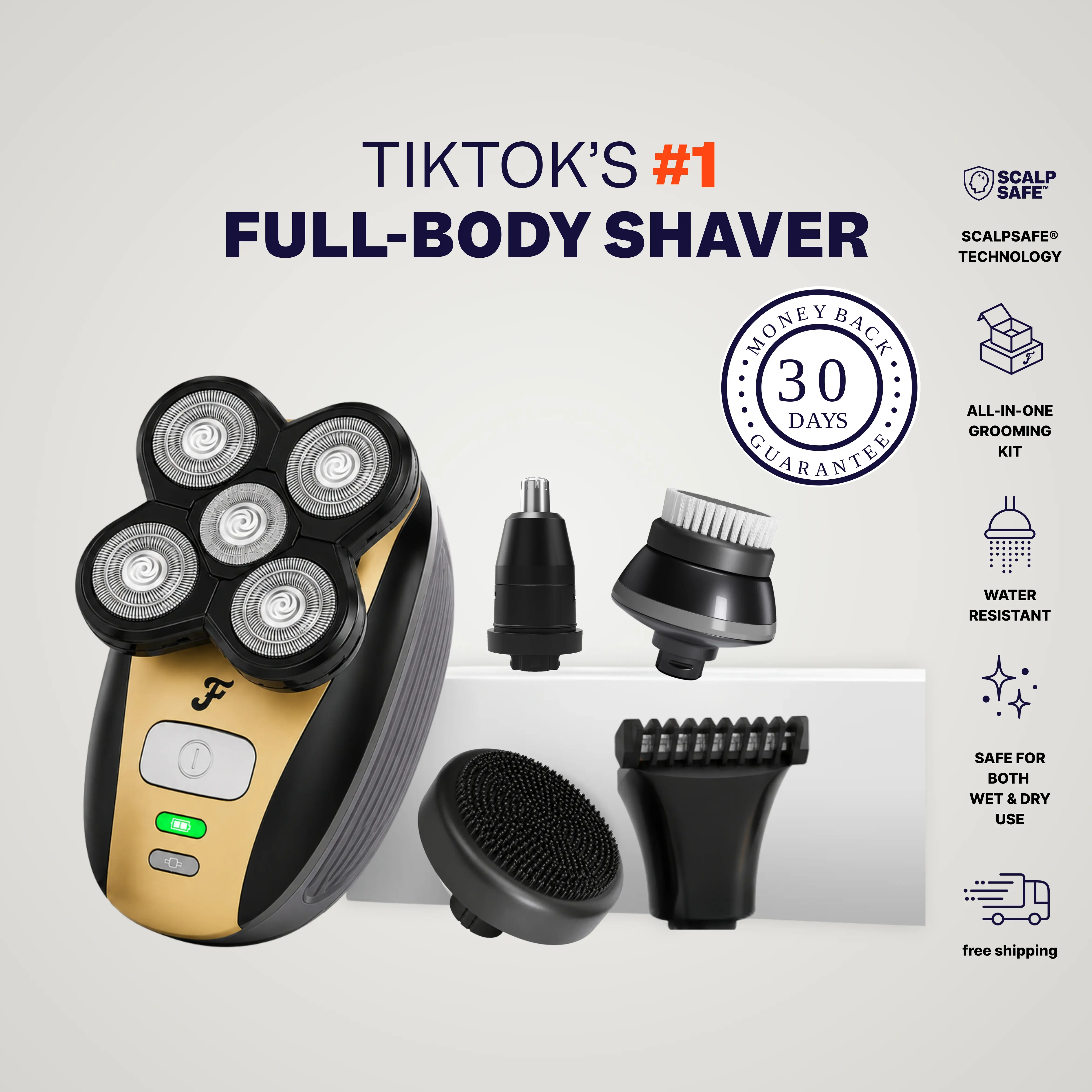 FREEBIRD FlexSeries Electric Head Shaver for Men, 5-in-1 Multifunctional Grooming Kit with ScalpSafe Technology for Hair Removal, Waterproof & Cordless Personal Gadget, Multifunctional Hair Shaver