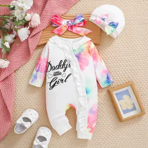 Ready Stock 1-18M Baby Girls Letter Print Tie-dye Single Breatsed Design Long Sleeve Bodysuit + Hat + Headband 3Pcs Cute Clothes For Newborn Infant Fall Winter Wear 42508015