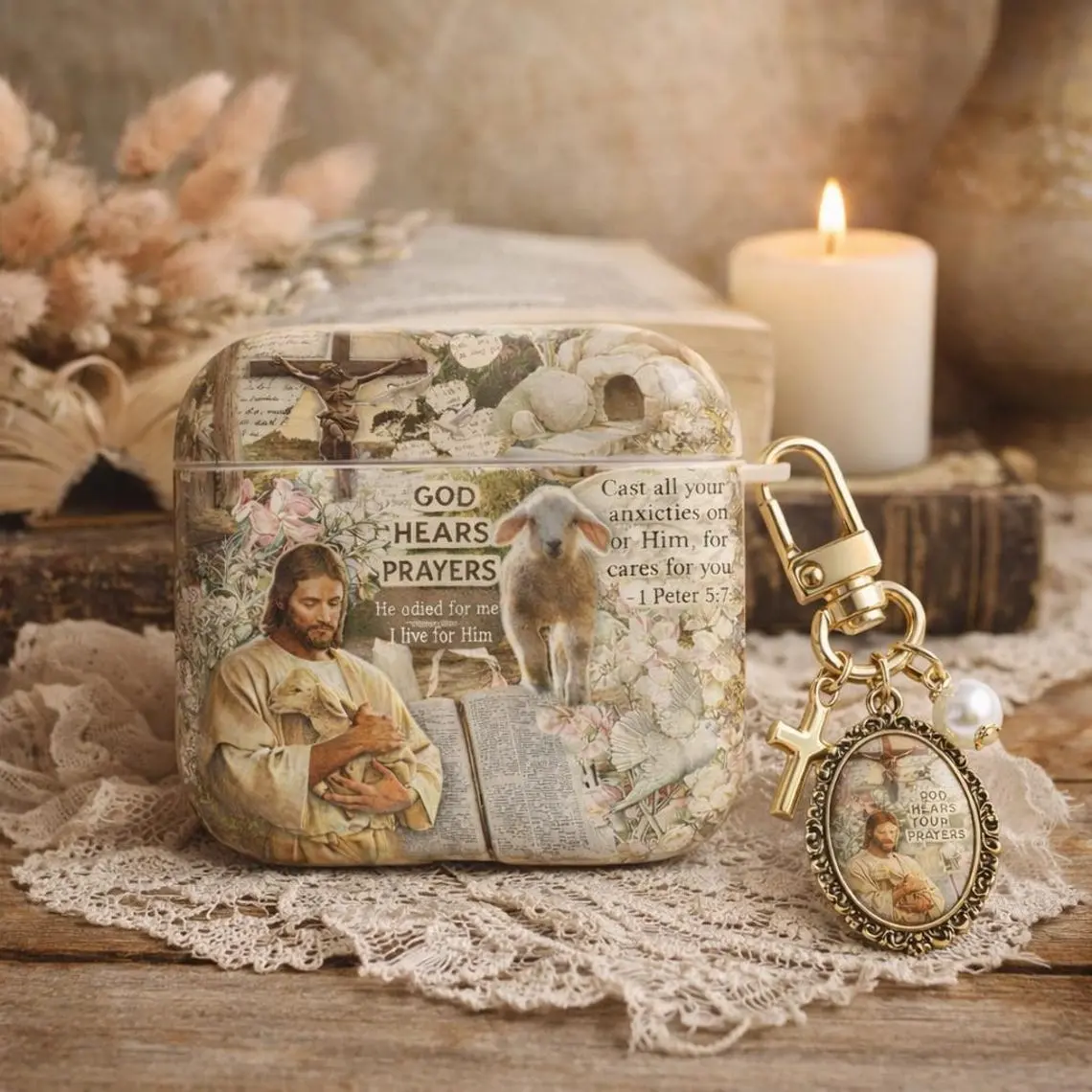 No Keychain included Christian AirPods 4 3 2 1 Case, Jesus Lamb Bible Verse AirPods Case, God Hears Your Prayers, Religious Gift for Women, Faith AirPods Cover