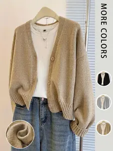 Women's Casual Loose-Fit V-Neck Knitted Cardigan, Plain Buttonless Knitwear Sweater for Fall & Winter, Versatile Layering Piece
