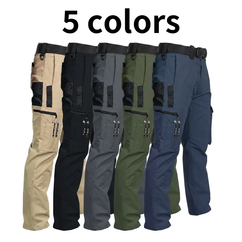 Men's durable outdoor training pants, men's multi-pocket work pants, men's solid color and printed pocket zipper waterproof tactical cargo pants without belt, regular fit sports pocket durable autumn pants.