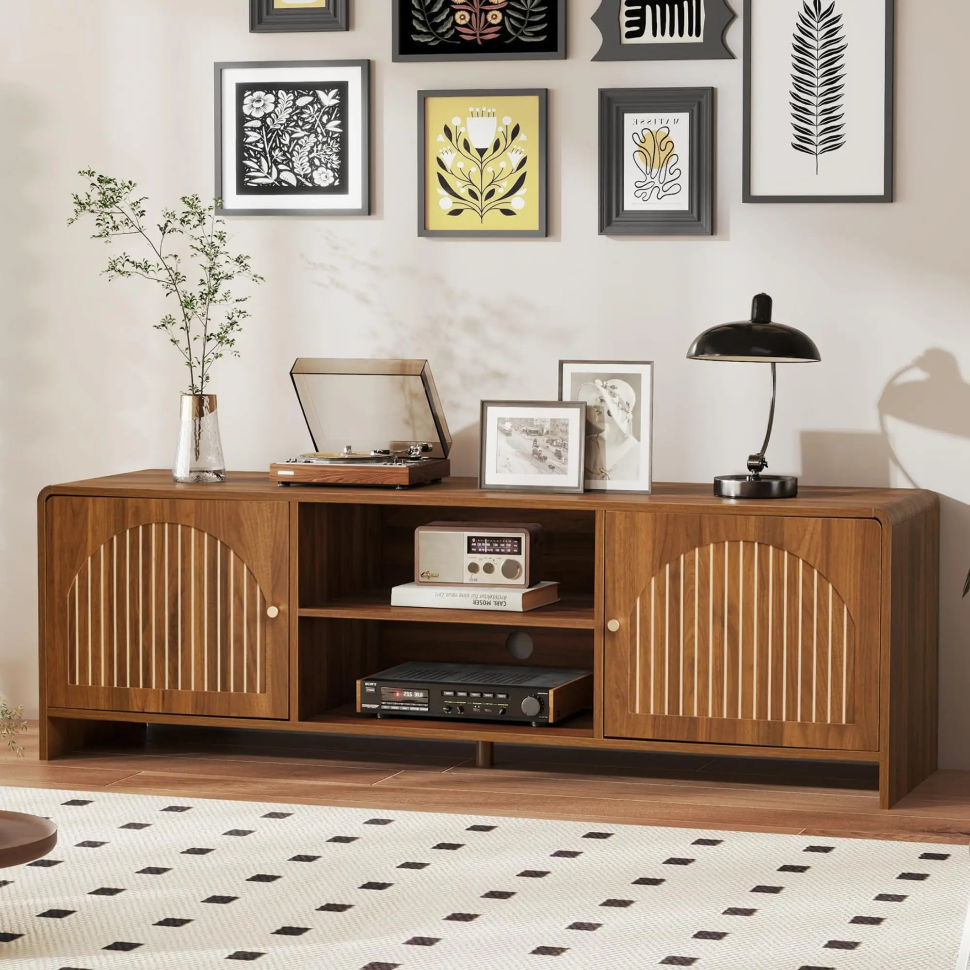 Giratree 58.27" Mid Century Modern TV Stand for 55/60/65 Inch TV, Farmhouse Entertainment Center with Arched Doors and Adjustable Shelf, Curved Profile Media Console TV Consoles for Living Room Bedroom