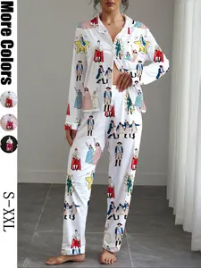 Women's Hamilton Musical Print Pajama Set, Matching Pj Set, Long Sleeve Button-Up Top & Elastic Pants, Casual Home Wear, Holiday Party