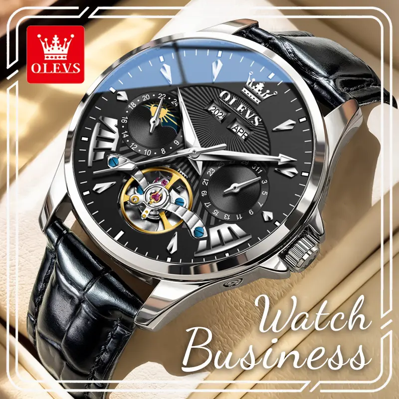 OLEVS Men's Business Skeleton Automatic Watch with Multi-Function Day-Date Display, Analog Luminous Hands, and Stationary Silver Bezel, Backlit, Water Resistant, Automatic Movement, Skeleton Dial, Male Watch, 30M - 50M, Round Shape