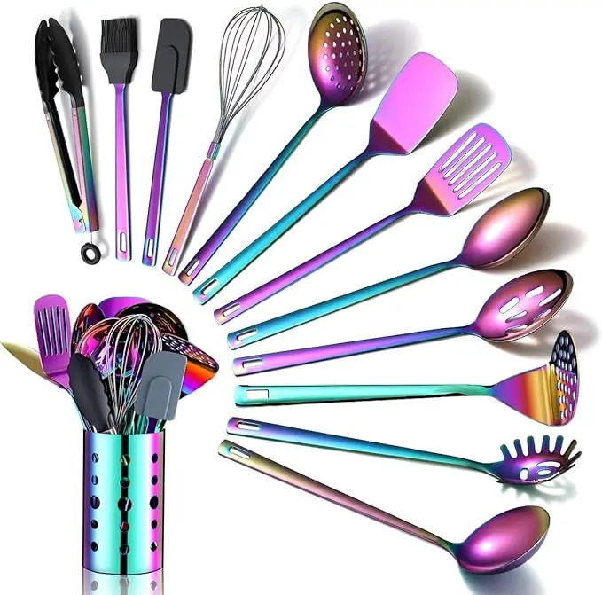 13-Piece Rainbow Stainless Steel Kitchen Utensils Set - Colorful Titanium Plated Cooking Tools, Includes Utensil Holder, Non-Stick & Dishwasher Safe, Scratch proof & Durable, Ideal for Home and Professional Use, Vibrant, Great gift Metal
