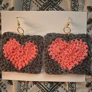 Fifty Shades of Bae Heart Shape Granny Square Earrings, Hypoallergenic Fish Hooks, Mod Podge Coated, Includes Jump Rings