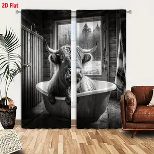2D Flat 2 Piece Black and White Plaid Window Curtains for Rustic Cabin Bathroom Decor, Highlighted with Natural Animal Whimsical Art Design, Thermal Insulated Drapes with Hook for Bedroom Living Room (144" Width Total)