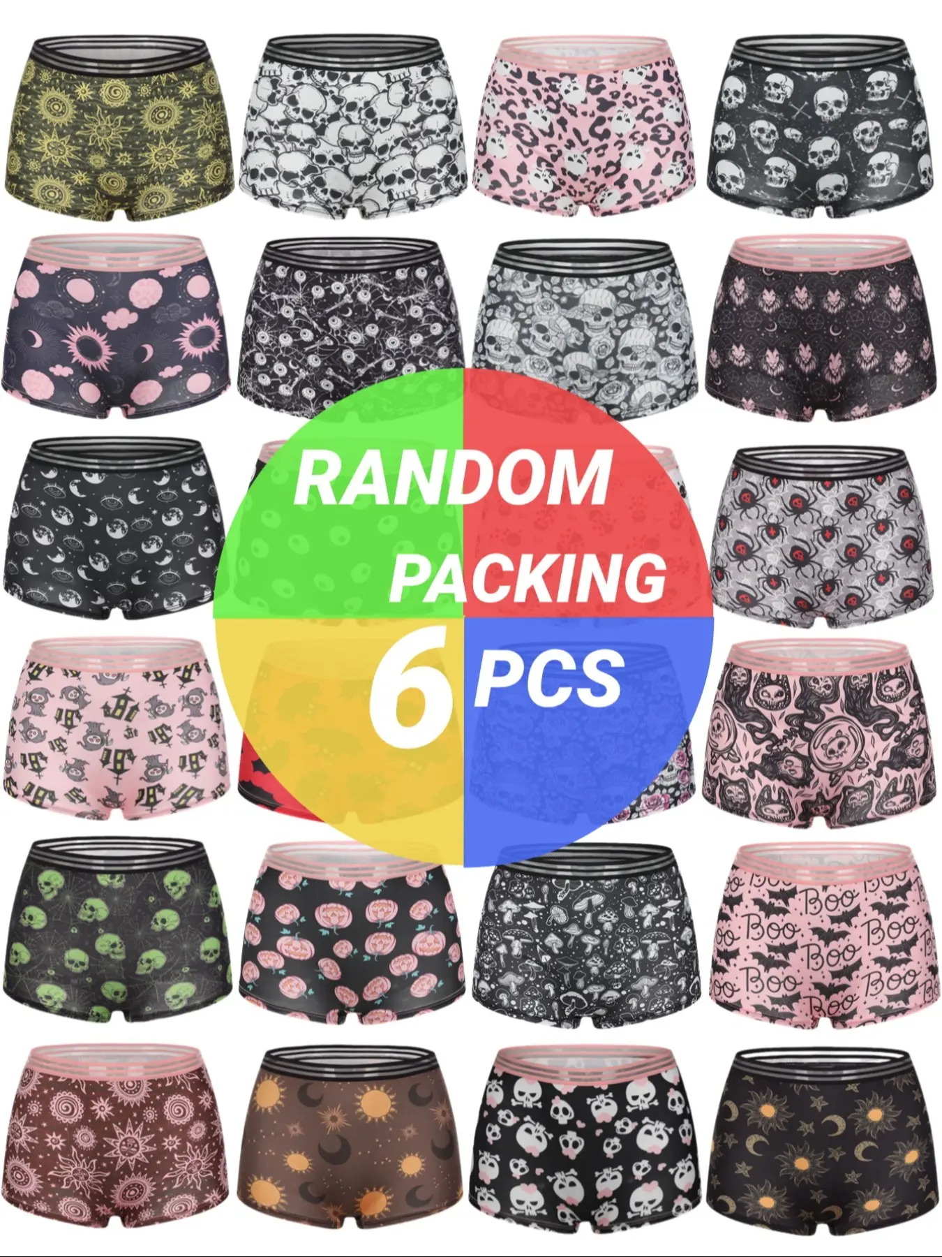 Morvia Gothic Skull Pattern Women's Boyshorts - 6-Piece Blind Box Underwear, Stretchy Waistband for All-Day Comfort, Casual Soft Panties, Stretchy Panties, Soft Comfy Panties, Casual Comfy Panty