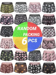 Morvia Gothic Skull Pattern Women's Boyshorts - 6-Piece Blind Box Underwear, Stretchy Waistband for All-Day Comfort, Casual Soft Panties, Stretchy Panties, Soft Comfy Panties