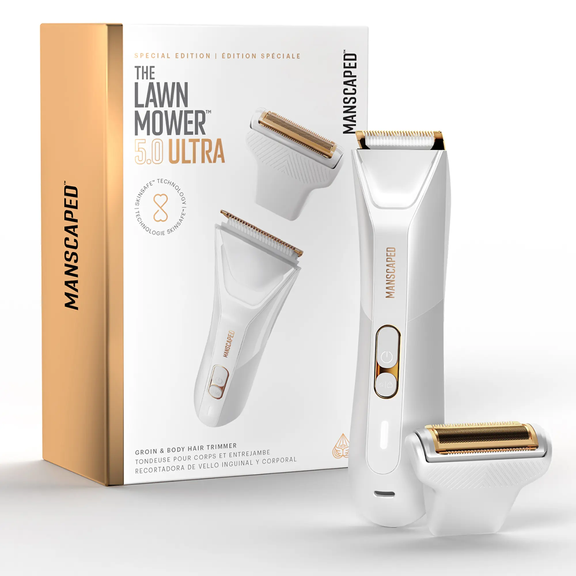 MANSCAPED The Lawn Mower 5.0 ULTRA Men's & Women's Groin & Body Hair Trimmer – Dual-Head SkinSafe Trimmer & Foil Blades, Waterproof Wet/Dry Groomer, USB-C Rechargeable with Travel Case, White