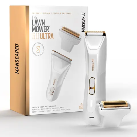 MANSCAPED The Lawn Mower 5.0 ULTRA Men's & Women's Groin & Body Hair Trimmer – Dual-Head SkinSafe Trimmer & Foil Blades, Waterproof Wet/Dry Groomer, USB-C Rechargeable with Travel Case, White