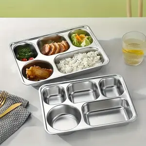 Stainless Steel 304 Food-Grade Fast Food Tray, Suitable for Restaurant, School, and Home Use. Durable Kitchenware, Restaurant Food Storage. Smooth Metal Surface, Durable Food Container. Food Service 5-compartment Meal Divider Box Bento Boxes