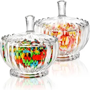 2 Pack Glass Candy Dish with Lid Large,Crystal Decorative Covered Sugar Bowl, Clear Biscuit Barrel Candy Buffet Box Storage Container for Snack, Gift, 6", Vintage Stripe Style