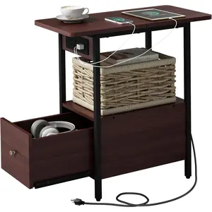 End Table with  Station, Narrow Side Table with Drawer and USB Ports & Power Outlets, Nightstand Bedside Tables for Small Spaces, Bedroom, Living Room, Dark Cherry
