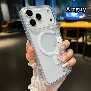 Magnetic Soft Case for iPhone 17 16  Pro Max Plus 15 14 13 12 11 Air E Floral Edge Pattern Anti-Yellowing Shockproof ultra-thin Silicone Crystal Transparent Acrylic Large Hole Cover Supports Wireless Charging