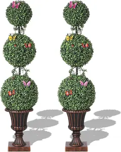 4 FT Artificial Triple Ball Topiary Trees with Trophies Flower Pots  Artificial Plants Outdoor with Vines   Insects Decoration  Topiary Balls Trees for Home Offices Porch Decor Set of 2 Decorative Fruit
