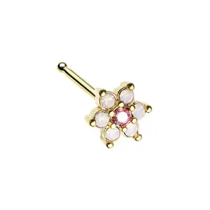 Vintage Rose Pink Crystal Flower Nose Bone Stud - Gold Tone Stainless Steel