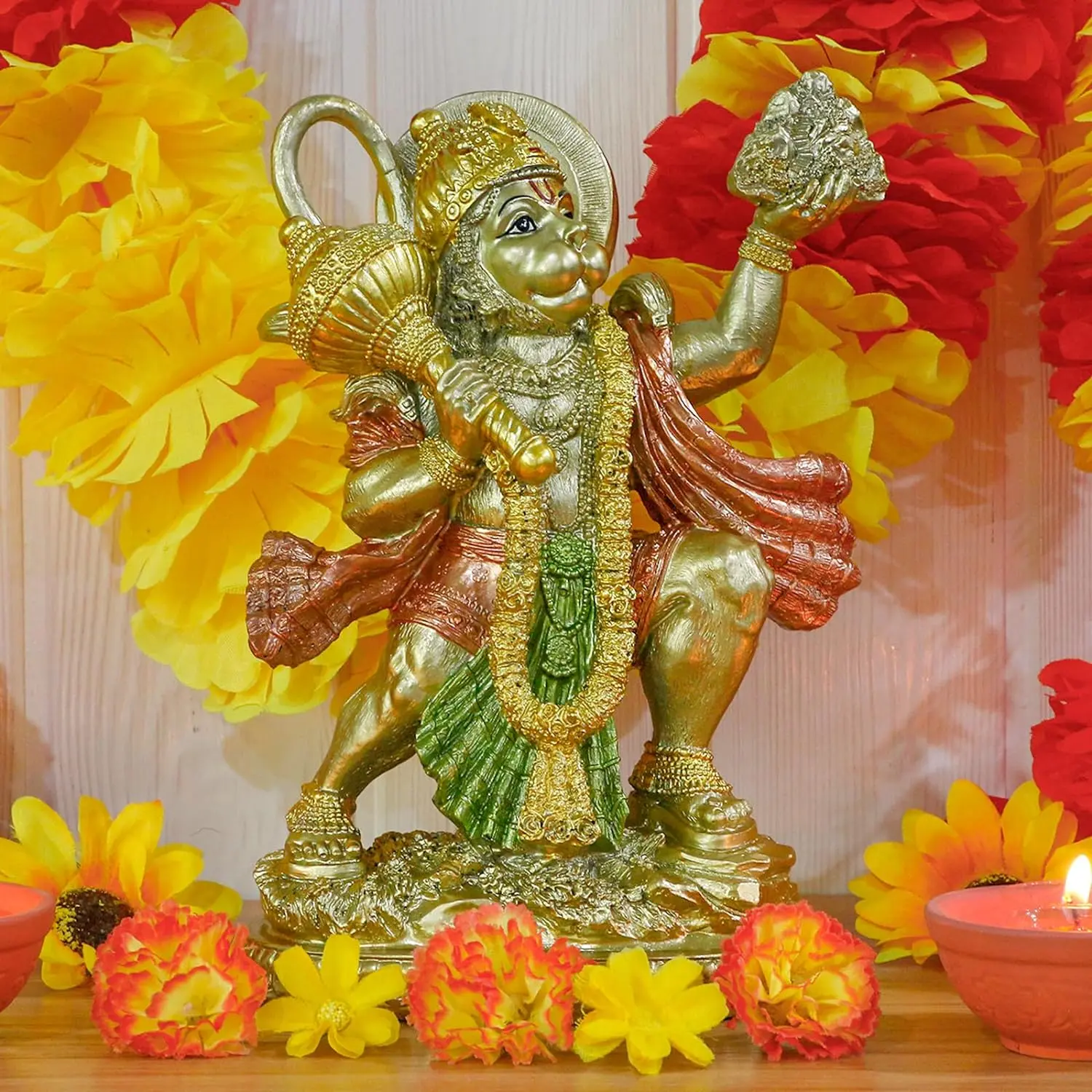 Hindu God Lord Flying-Hanuman Statue - India Idol Murti Pooja Sculpture - Indian Gold Finish Figurine for Home Temple Mandir Decor