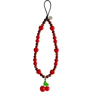 Phone Charm Beaded Wristlet Strap Universal Cell Phone Lanyard Cute Bracelet Wrist Strap Beaded Chain String Handmade Accessories for Case Camera Bags (Sweet Cherries)