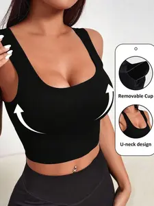 Women's Navy Blue Seamless Sports Bra with Wide Strap, Scoop Neck, and Removable Padding for Daily & Casual Wear