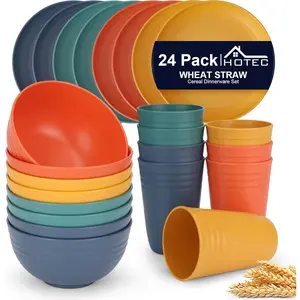 24-Pack Unbreakable Kitchen Plastic Wheat Straw Dinnerware Set -  Plates, Bowls & Cups | Lightweight, Microwave & Dishwasher Safe | Multicolor  Tableware for  & Outdoor Use