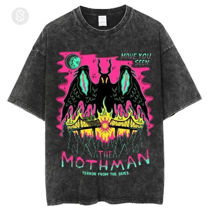 24-Hour Shipping Mothman Graphic Cotton T-Shirt - Unisex Oversized Retro Washed Short-Sleeve Top, Halloween Apparel, Full Color, Full Sizes, Shortsleeve, Tshirt, Streetwear, Fabric, Soft