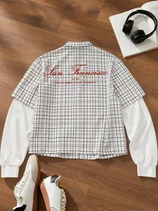 Men's Retro Plaid Patchwork Long Sleeve Shirt, San Francisco Letter Print Loose Casual Top, Trendy Street Style Men'swear, Perfect For Daily & Campus Outfits, Vintage