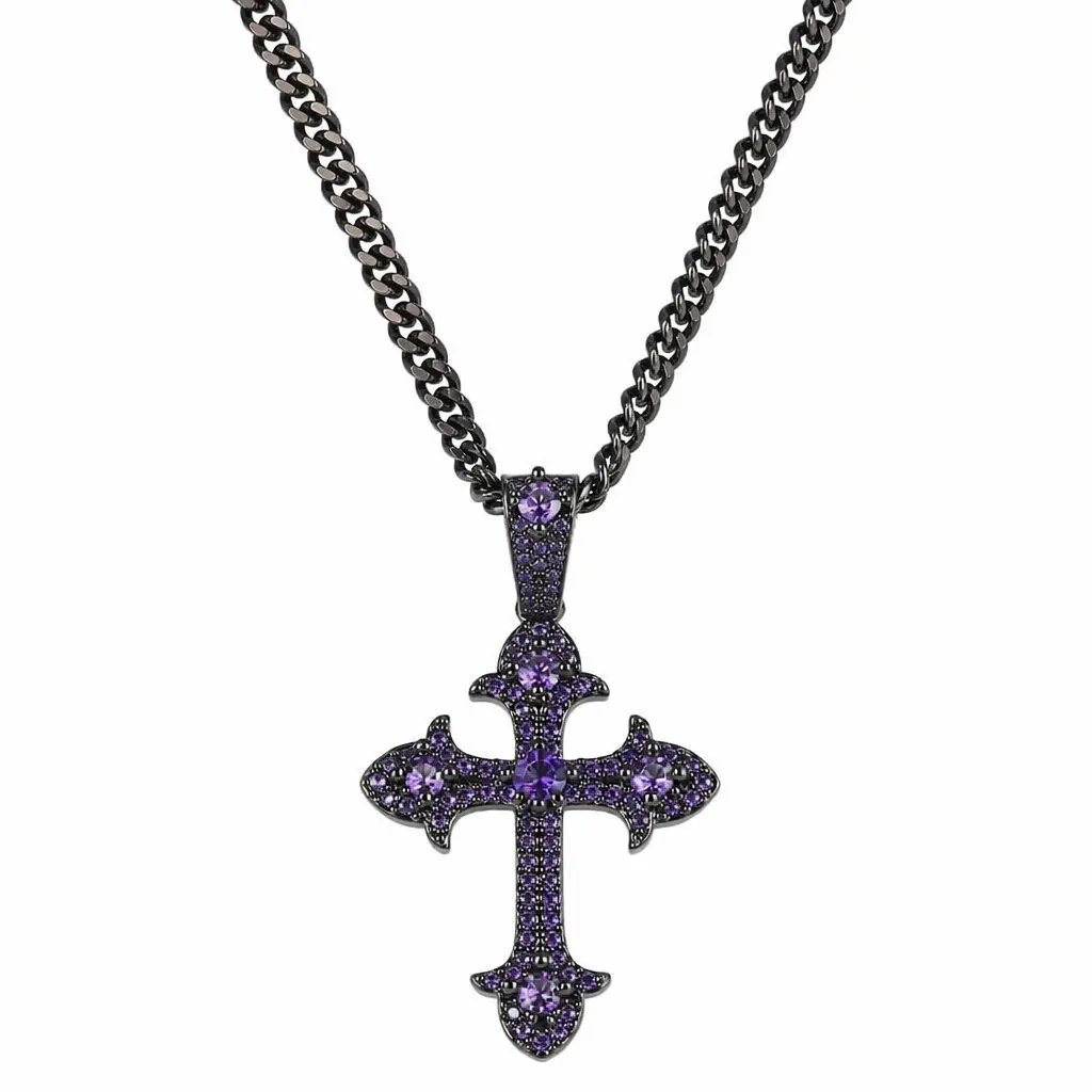 Gothic Iced Out Necklace - Purple Cross Pendant Hip Hop Cross Pendant - Copper Plated 18K Gold Micro Inlaid Zircon with 24in Rope Chain Hip Hop Rapper Jewelry Giftting