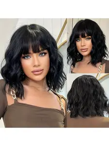 Black Wavy Bob Wig with Bangs for Women, Short Shoulder-Length Wigs Human Hair, Heat-Resistant, Lightweight and Breathable for Daily and Party Use (16 Inch)