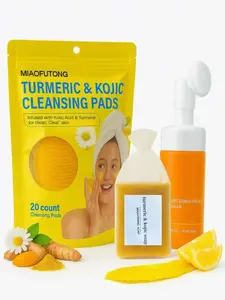 Turmeric & Kojic Acid Brightening Skincare Set – Facial Cleanser Mousse, Cleansing Pads & Soap Bar for Dark Spots, Acne Scars, Hyperpigmentation – Vitamin C for Radiant Skin – 3-in-1 Natural Glow Kit Gentle Daily