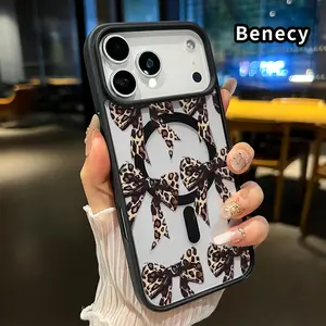 Magnetic Phone Case Compatible with iPhone 17 Pro Max 16 Plus 15 14 13 12 11 Air E Leopard - print Bow Clear Acrylic Hard Back Soft TPU Edge Non-Yellowing Protective Cover