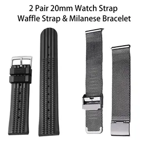 2 Pair 20mm Watch Strap With Tool, Waffle Strap & Milanese Bracelet - Breathalbe Durable Men's Stainless Steel Watch Band  Men Smartwatch Band Replacement Straps